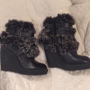Black Baby Phat wedge faux fur boots